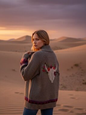 Sundance Brown Shawl Collar Cardigan with Floral and Cow Skull Embroidery